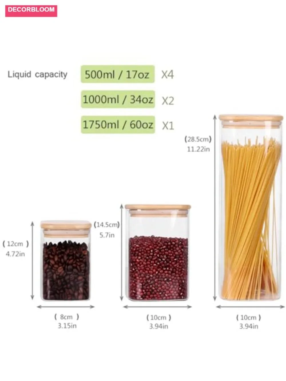 Glass Storage Canisters with Bamboo Lids, Set of 7, Airtight Food Jars for